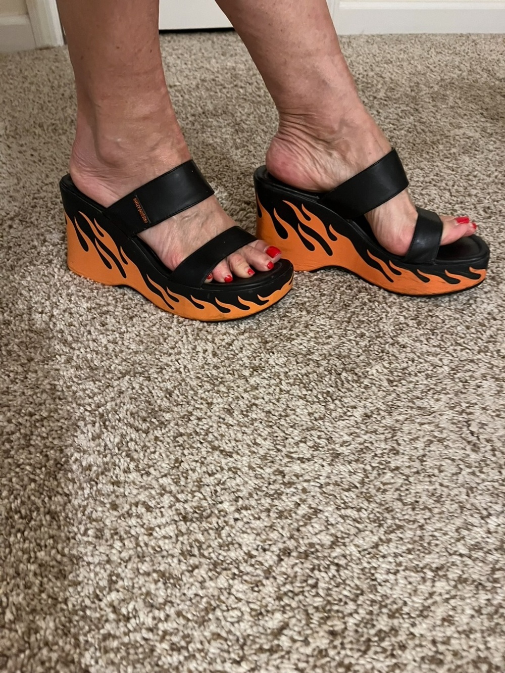 Black & Orange Flame Platform Wedge Sandals - Harley Davidson - Picture 2 of 7